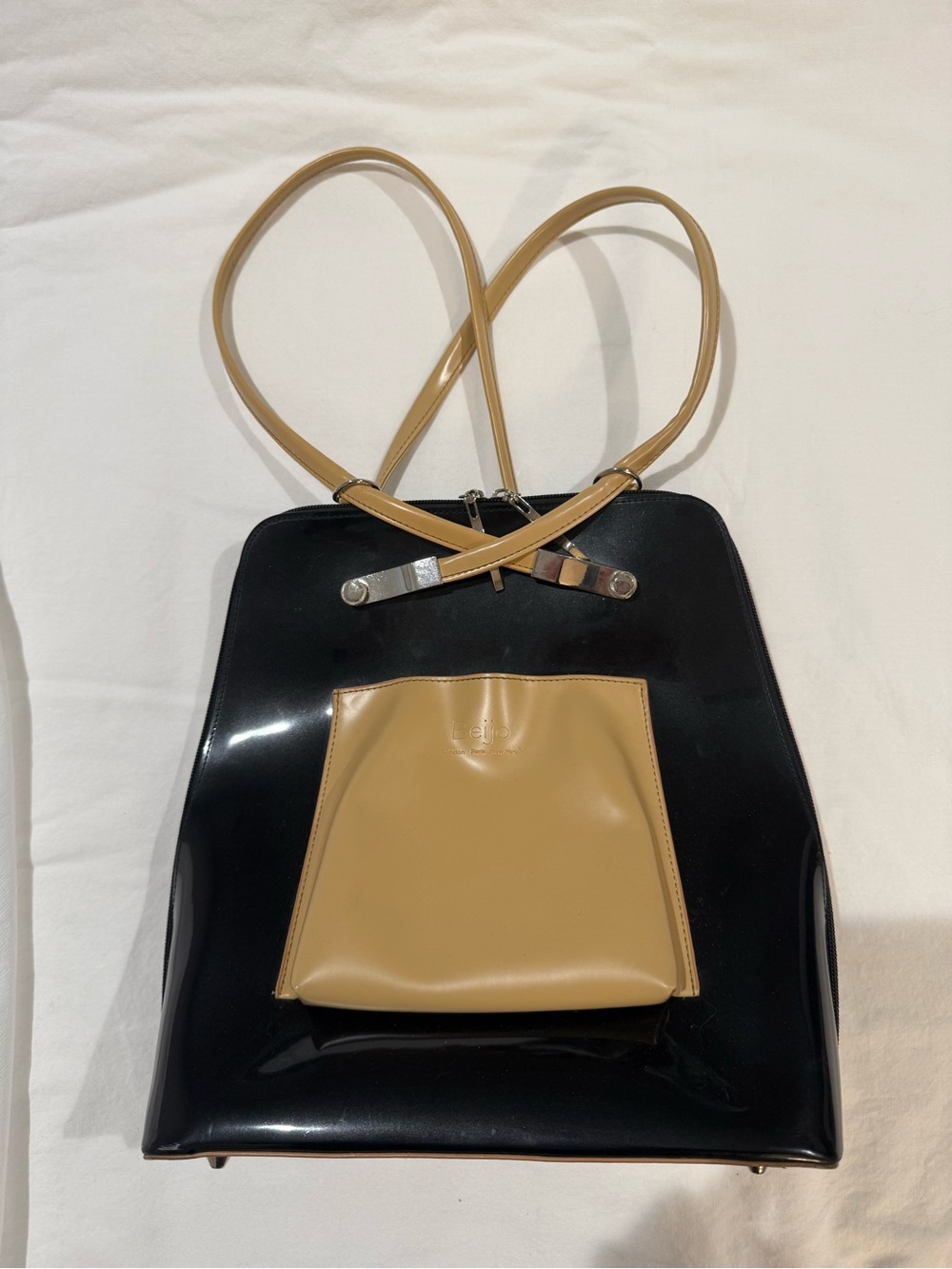 Beijo Black Patent Backpack Tote with Tan Front Pocket and Straps